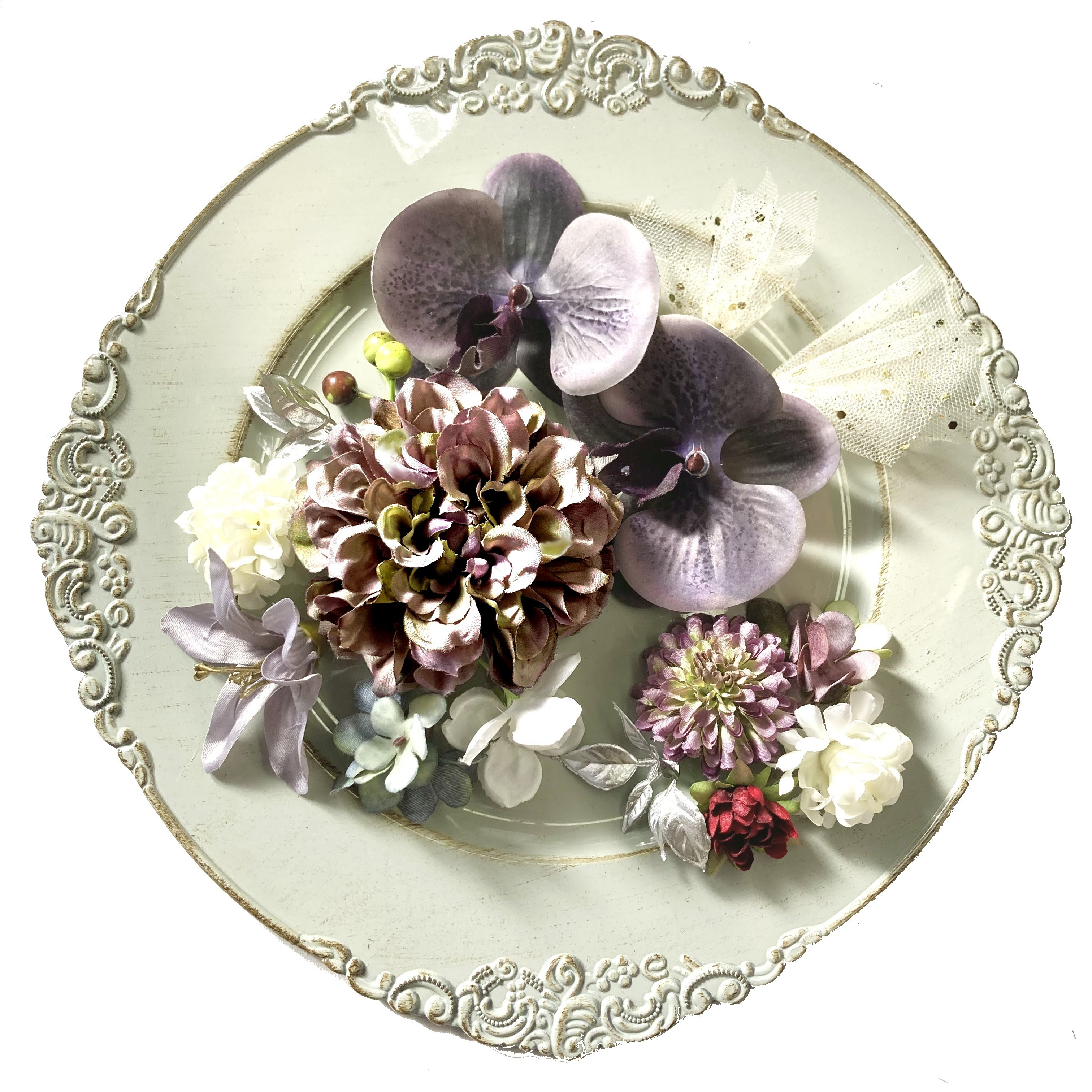 パープル グレー 胡蝶蘭 と パープル グリーン ダリア 髪飾り 結婚式　成人式　ドレス　着物　紫　グレー　カサブランカ