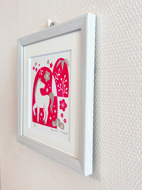 午年の木版画 / 15cm角額入り / アート / インテリア 2枚目の画像