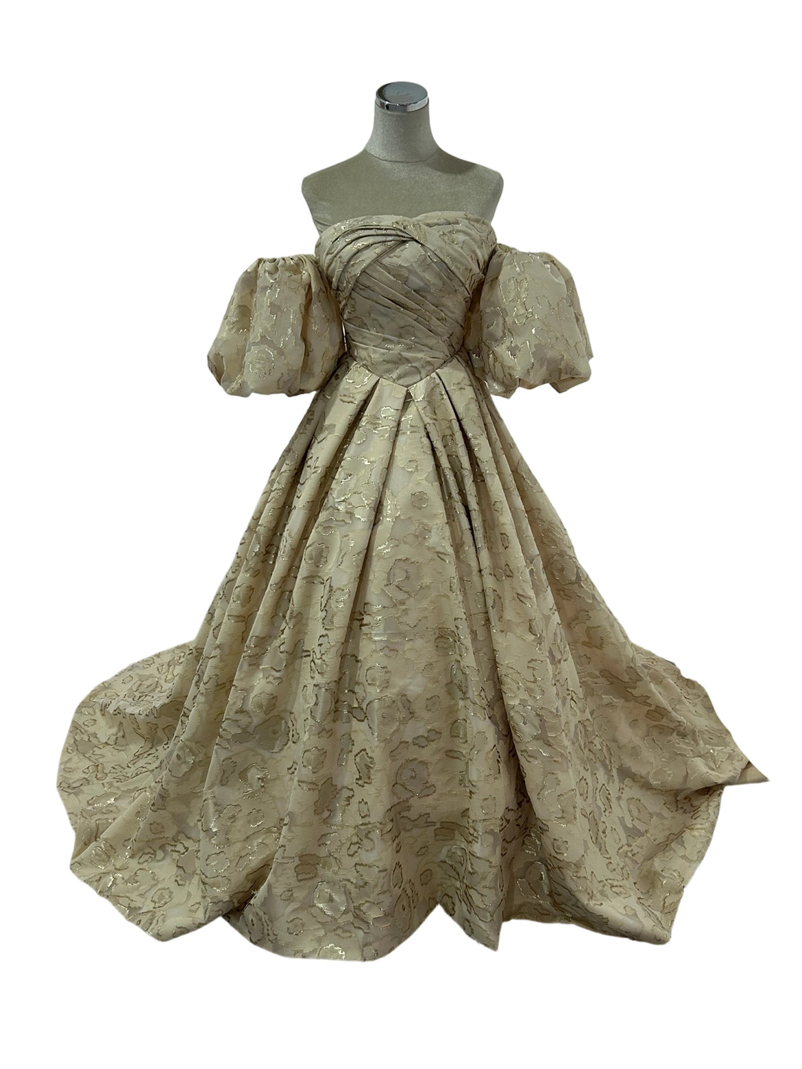 パーティードレス 薄シャンパン色 パフスリーブ ジャガード生地 編み上げ リボン クラシカル 結婚式