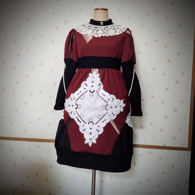 着物リメイク　古を眺める　ワンピース　ヘッドドレス付き