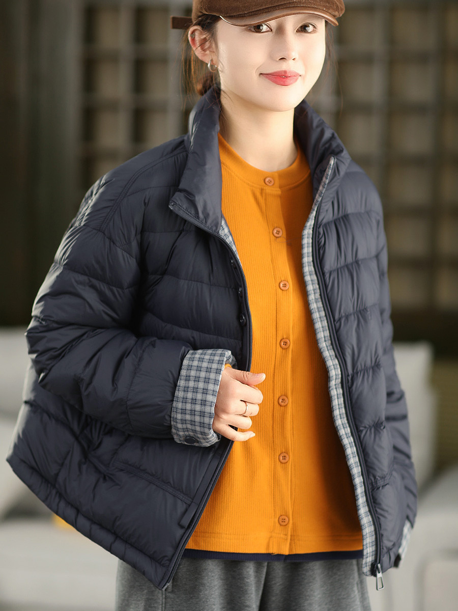 冬季格紋白アヒルダウンウォームコート 女防风スタンドカラー抽绳裾厚手ダウンジャケット