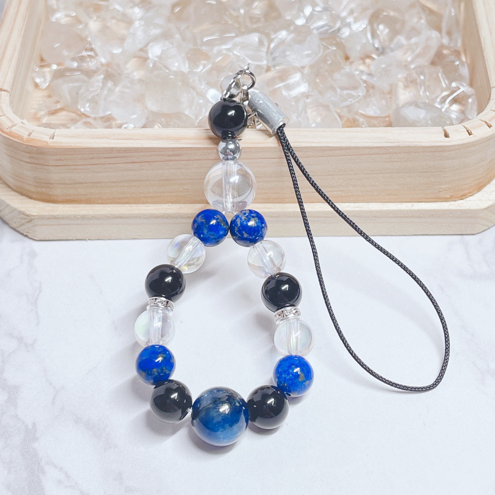 ✦理不尽な事から身を守る 天然石ストラップ｜カイヤナイト・ラピスラズリ・オブシディアン・オーラ水晶 No.828S