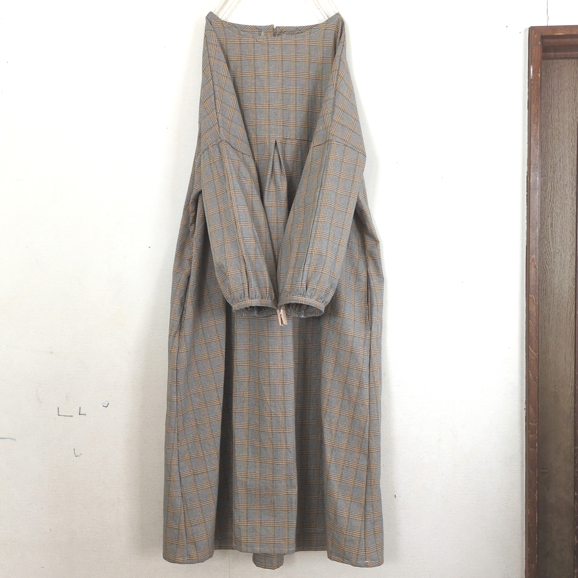 チェック切り替えゆったりワンピース/長袖/グレー