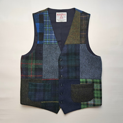 ハリスツイード　パッチワークウールベスト　ヘリンボーン柄　ビックサイズ　USA製 ハリスツイード パッチワーク ベスト タータンクレイジーミックス
