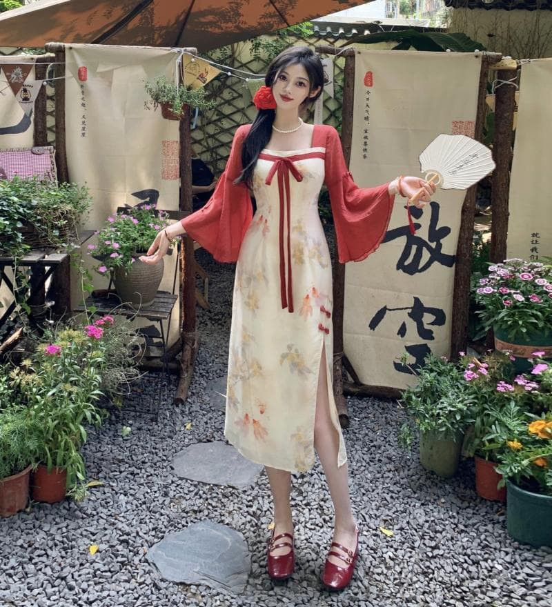 【新品】大きいサイズ チャイナ風ロングワンピース4Lレッド長袖レディース