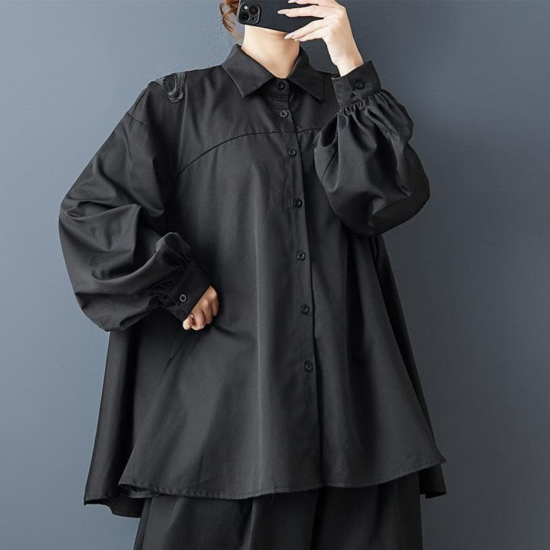 新品 大きいサイズ トップスゆったり 蝶 バタフライ柄 シャツ 黒長袖夏秋