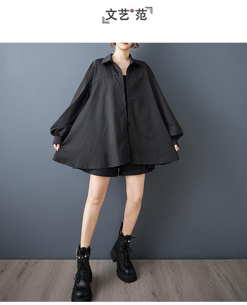 新品 大きいサイズ トップスゆったり 蝶 バタフライ柄 シャツ 黒長袖夏秋