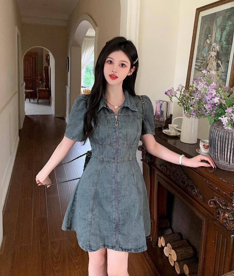 デニム風 ワンピース シャツワンピ 半袖 大きいサイズ 4XL レディース 夏