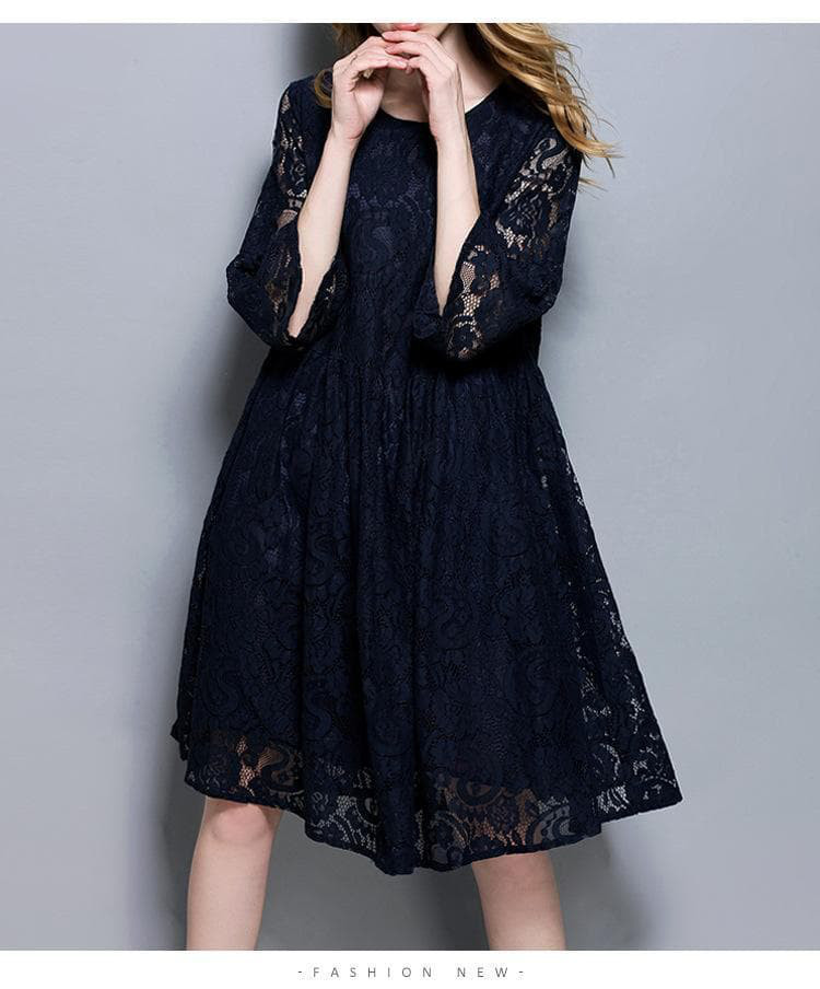 【紺色】大きいサイズ ワンピース　レース　ギャザー　レディース 春夏　 新品