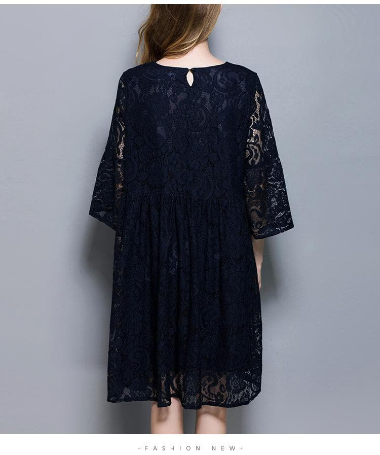 【紺色】大きいサイズ ワンピース　レース　ギャザー　レディース 春夏　 新品