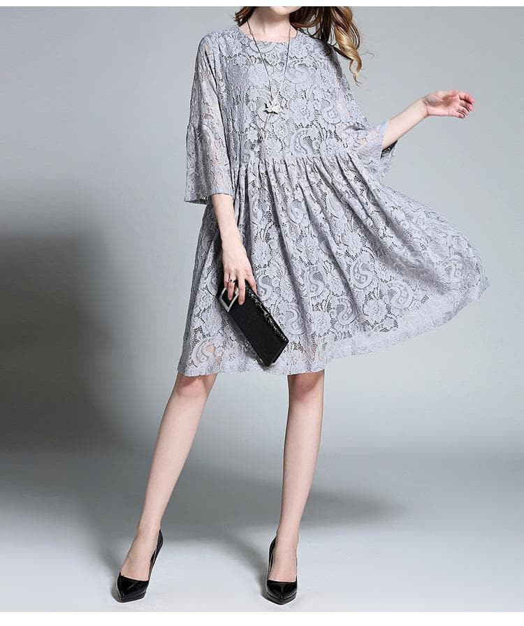 【紺色】大きいサイズ ワンピース　レース　ギャザー　レディース 春夏　 新品