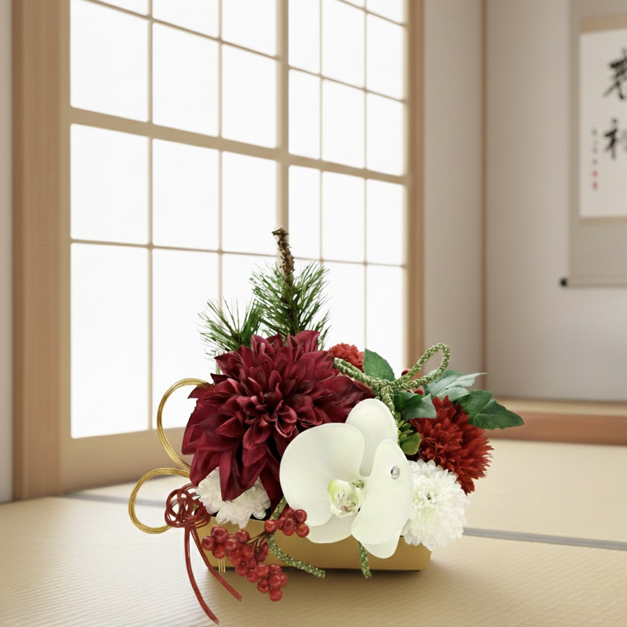 迎春卓上アレンジメント　お正月フラワーアレンジメント　お正月置物　胡蝶蘭　造花　ダリア