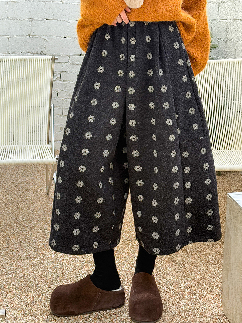 秋新作レディースレトロシンプル フラワー ゴム締めウエスト ワイドレッグパンツ【返品・交換可】品質最優先25-602