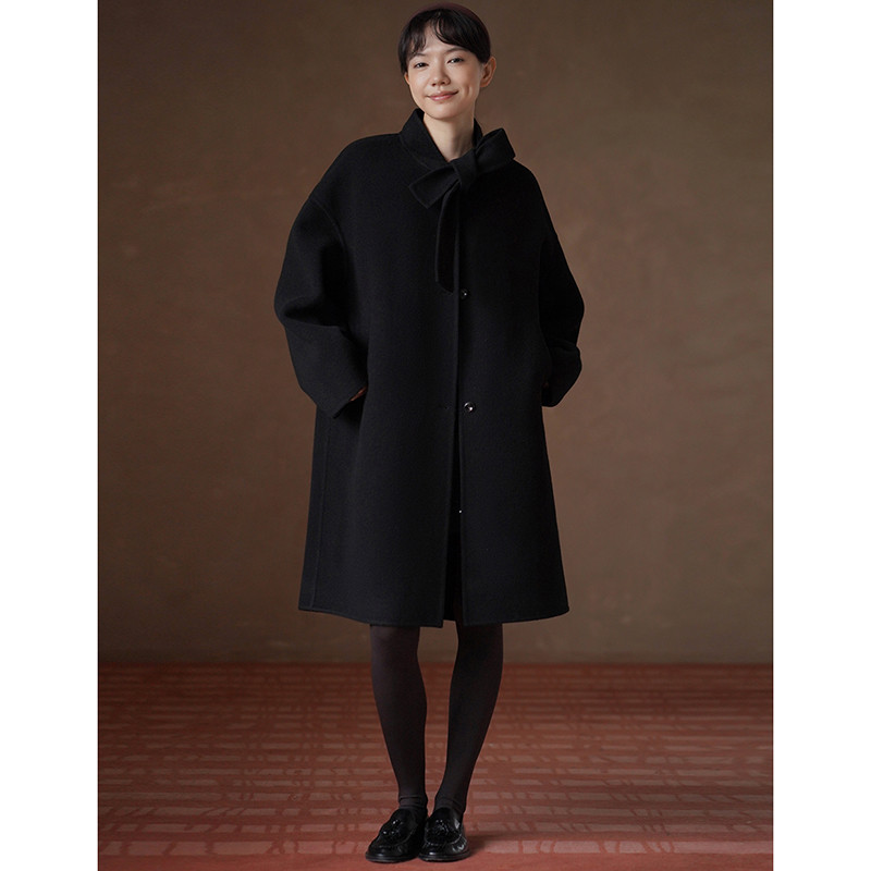 優しいリボンタイのアクセント ふんわり100%ウールダブルフェースのストレートコート#888 14,784円