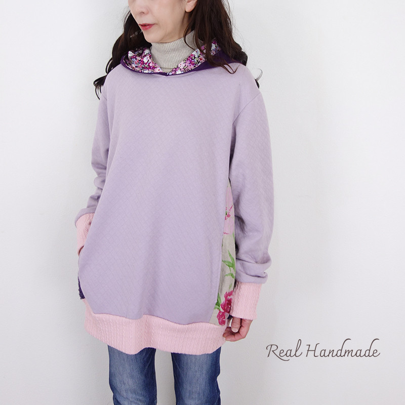 [予約販売] ラベンダーキルトとグレープフラワーのサイド切替パーカー