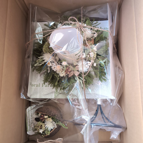 送料無料】新生活応援セット ドライフラワーリース3点セット（置き型