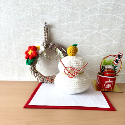 お正月飾り」鏡餅&しめ縄リース 編みぐるみ かぎ針編み 受注製作