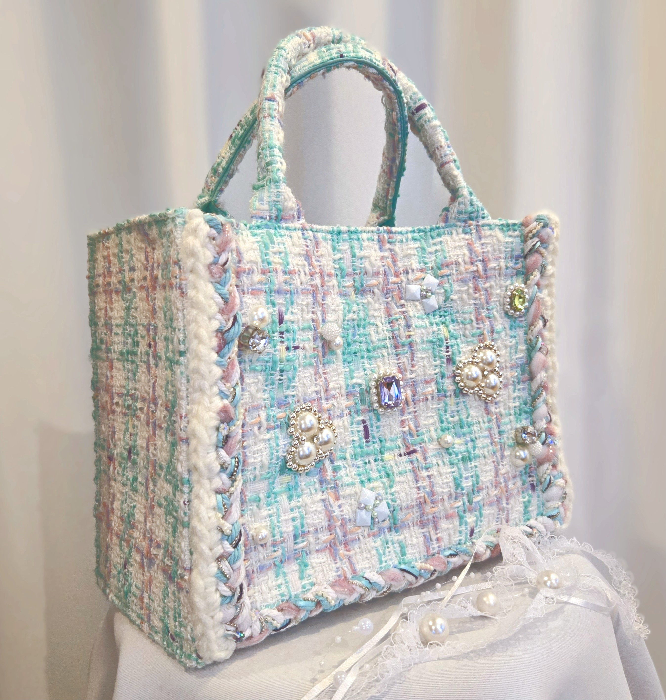 【ハンドバッグ】ミントグリーンMIXカラーツ イード バッグ