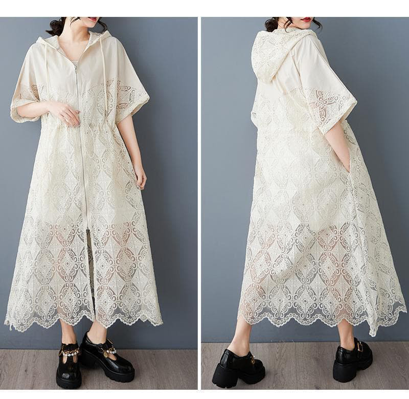 大きいサイズ レース　パーカー　レディース 春夏　 新品 半袖　ロング　フード 5,305円