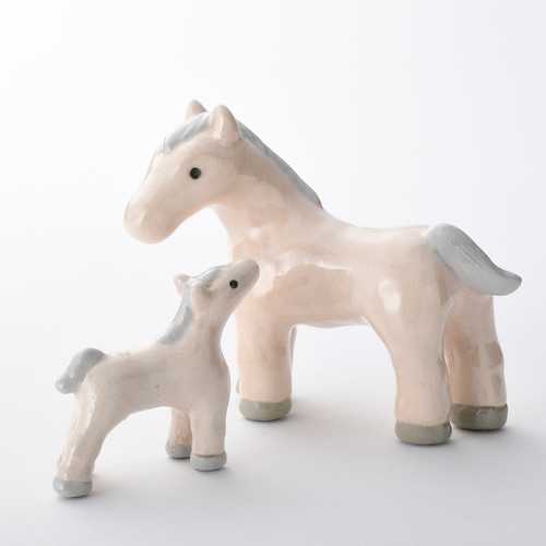 2026年干支 楽焼〚親子馬セット（白）〛置物（2体1組）楽入窯製 手描き