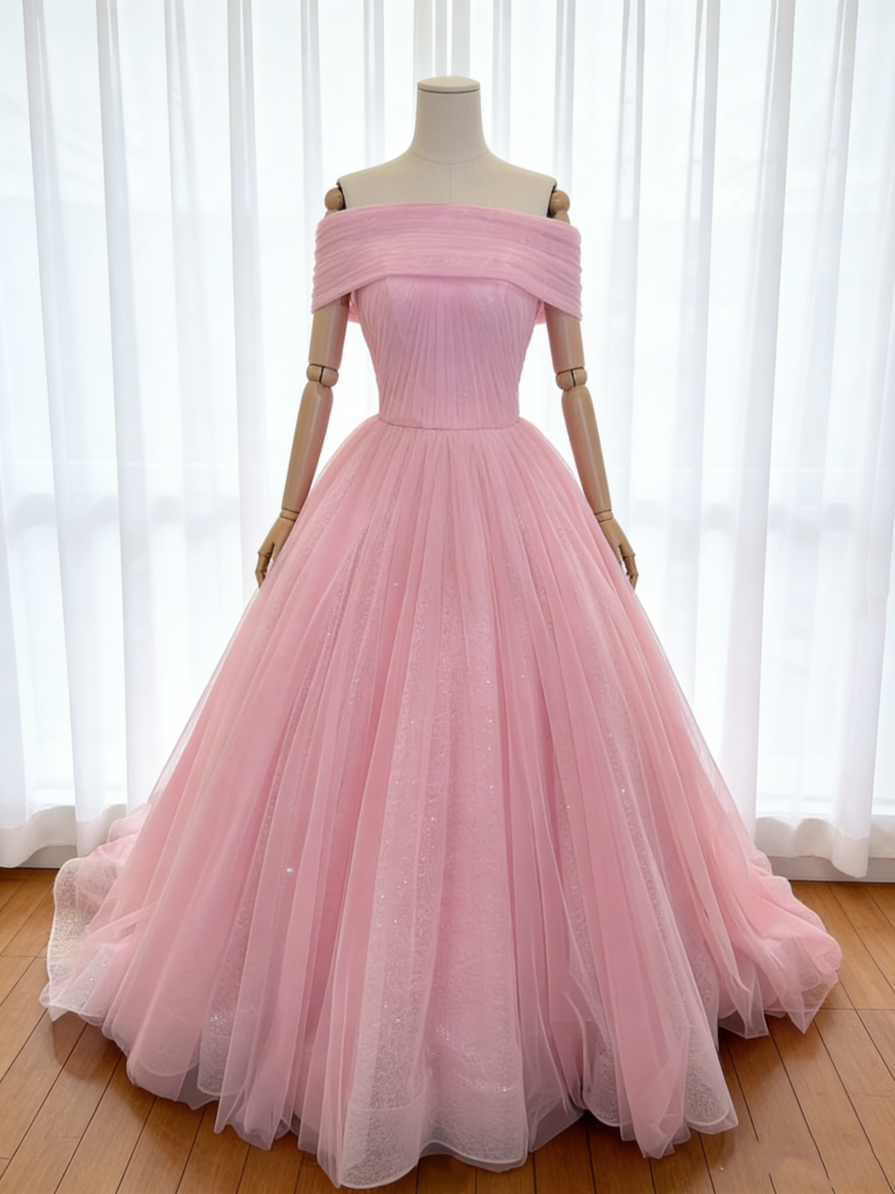 送料無料！カラードレス ピンク キラキラグリッターチュール  Aライン  プリンセスライン ハンドドレープ 前撮り