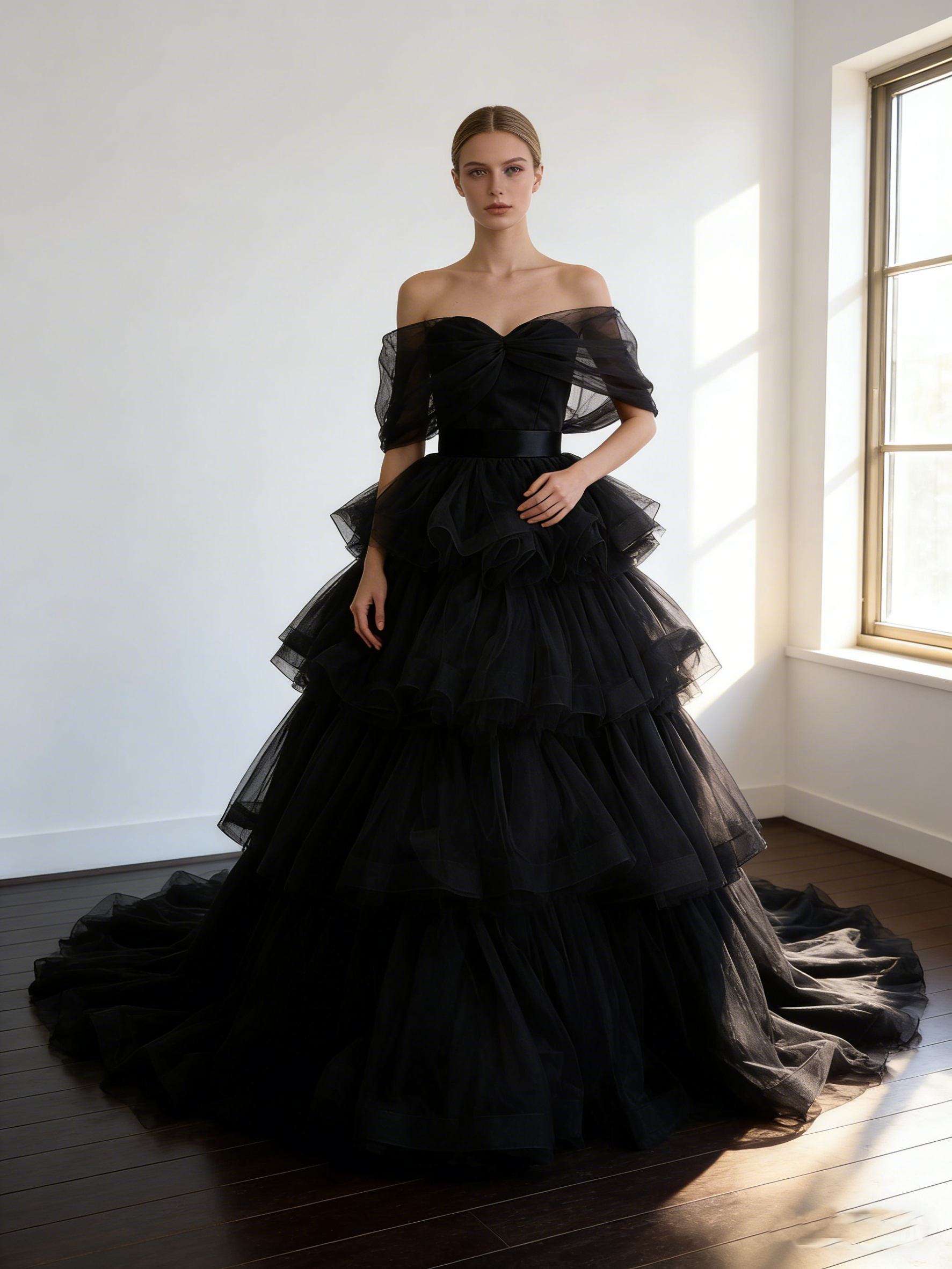 カラードレス ブラック オフショルダー  ソフトチュール  ティアードのドレス  華やかなトレーン  結婚式  前撮り