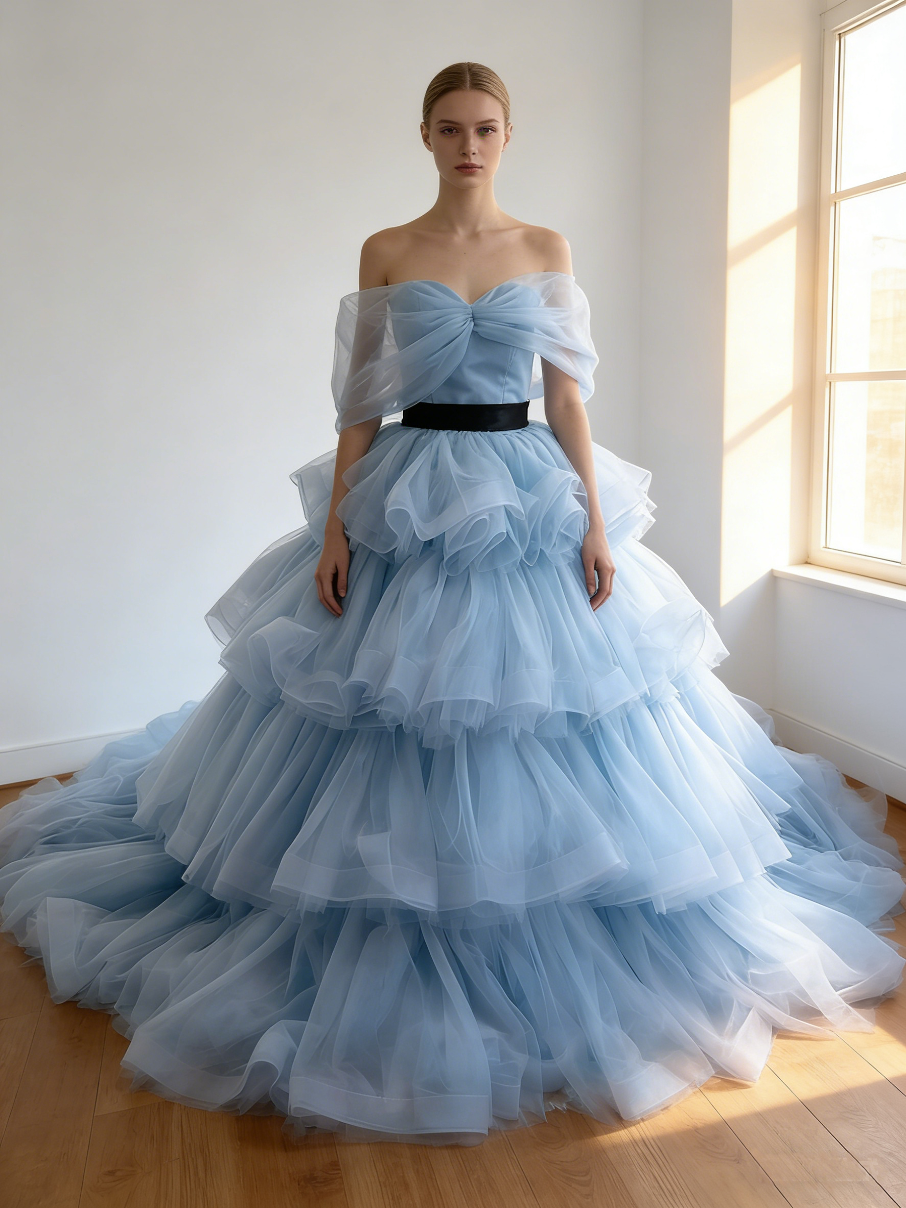 カラードレス  爽やかで優しいブルー オフショルダー  ソフトチュール  ティアードのドレス  華やかなトレーン  結婚