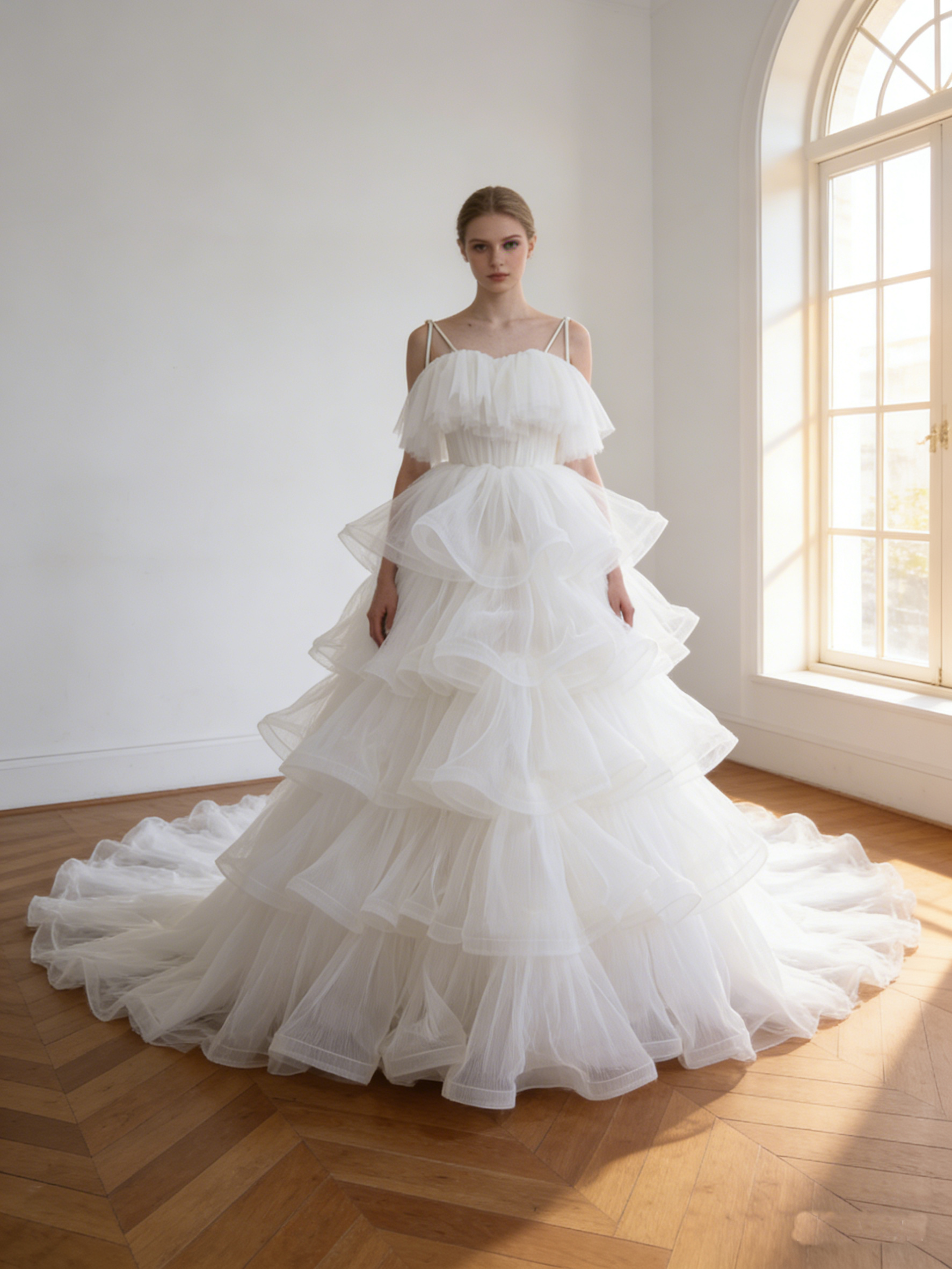 ウエディングドレス   オフホワイト   キャミソール  ティアードのドレス   華やかなトレーン   ソフトチュール