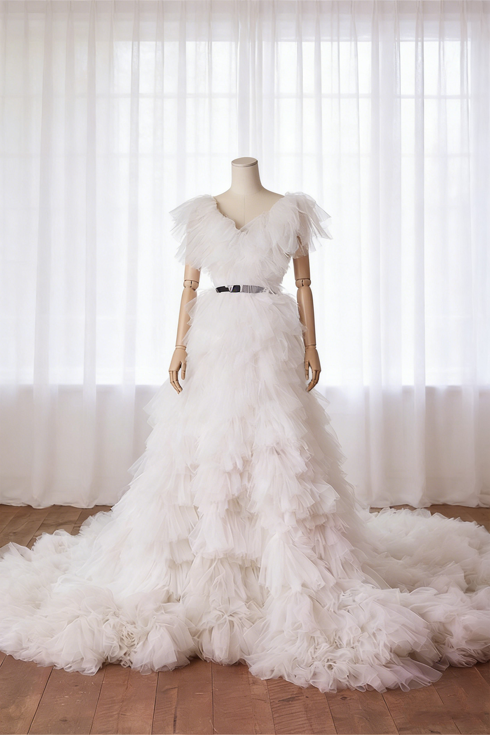 送料無料！ウェディングドレス Vネックドレス ふわふわドレス オンショルダードレス リボントレーン オートクチュール