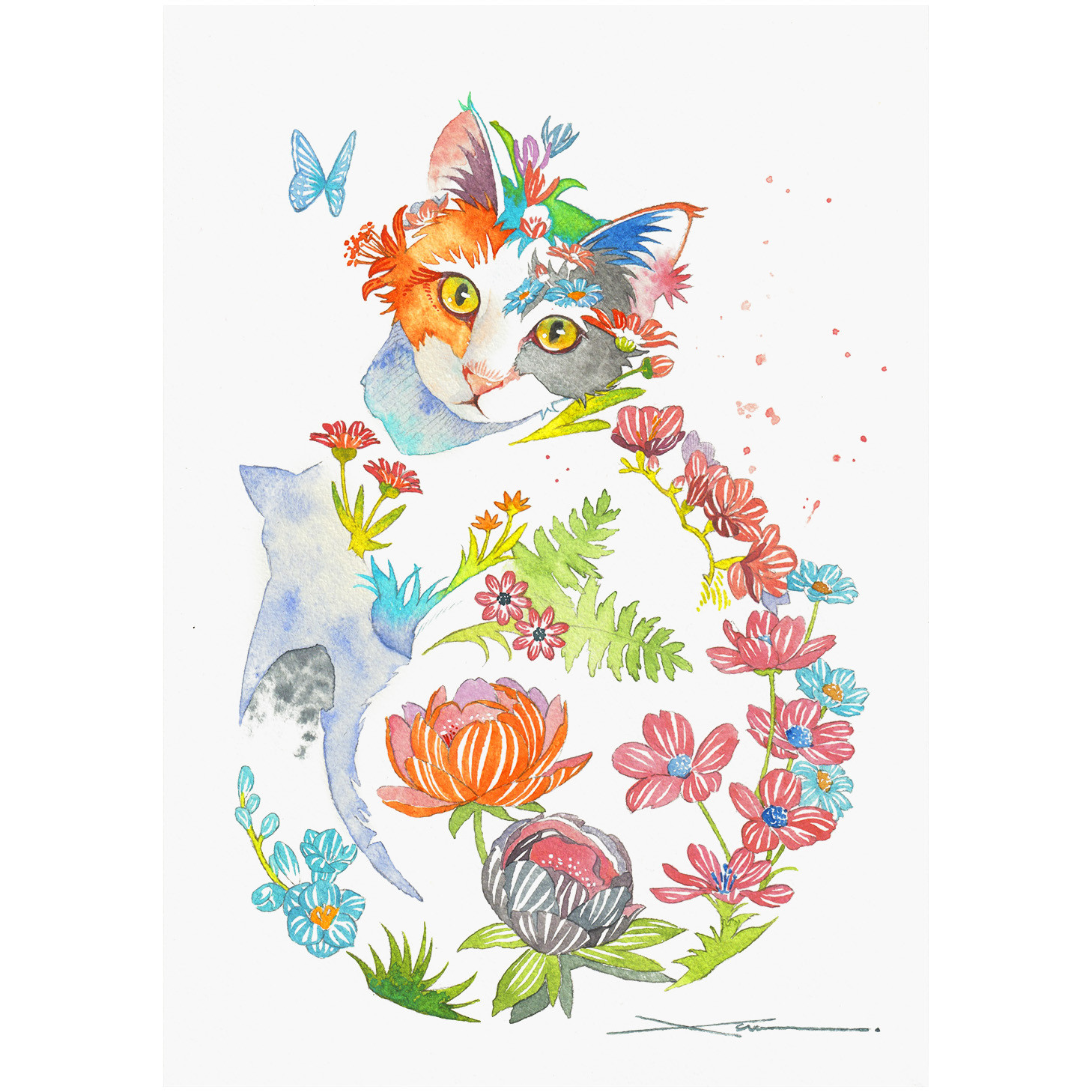 三毛猫_水彩原画_イラスト