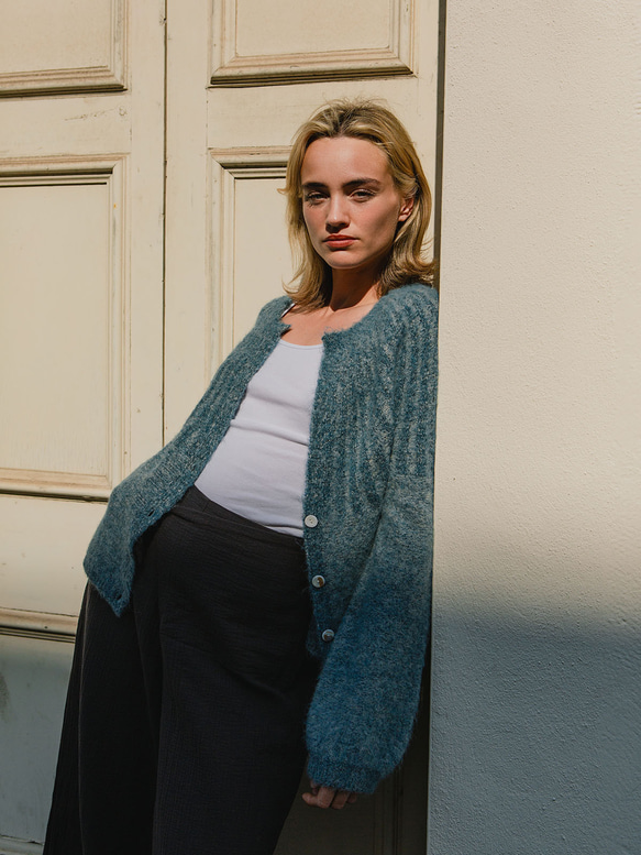 北歐風羊駝毛衣外套 - 霧藍 第8張的照片