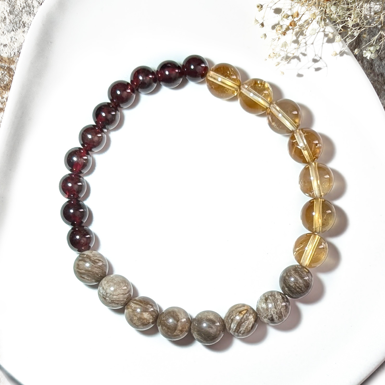 Tri／一点もの　シルバーリーフジャスパー×シトリン×ガーネット　トリブレスレット