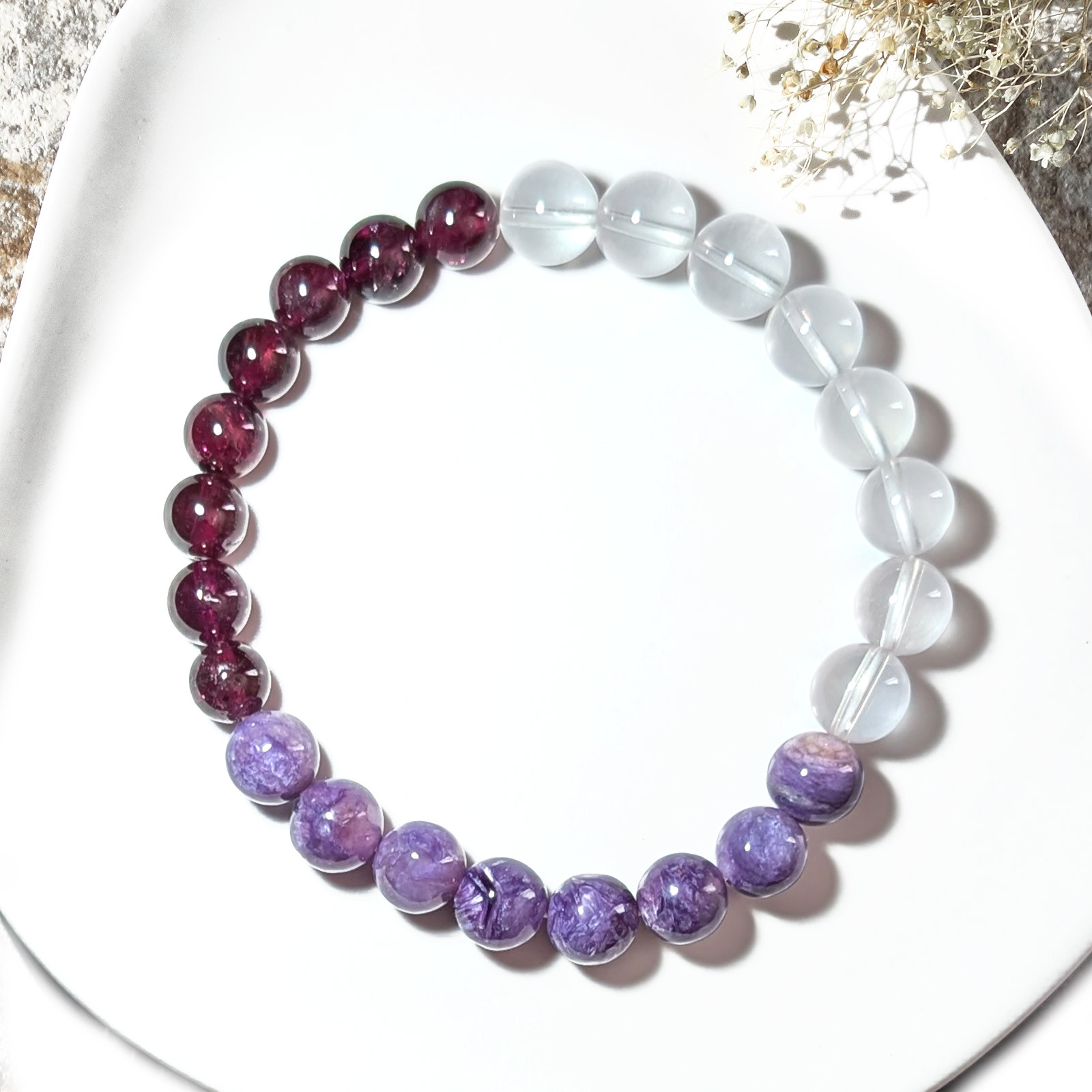 Tri／一点もの　チャロアイトシリカ×ロードライトガーネット×シルキーローズクォーツ　トリブレスレット