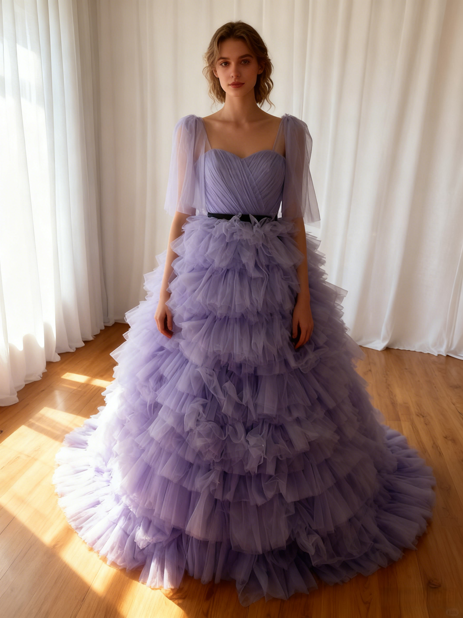 カラードレス パープル キャミソール サッシュベルト もこもこドレス プリンセスライン エアリー感 花嫁 前撮り
