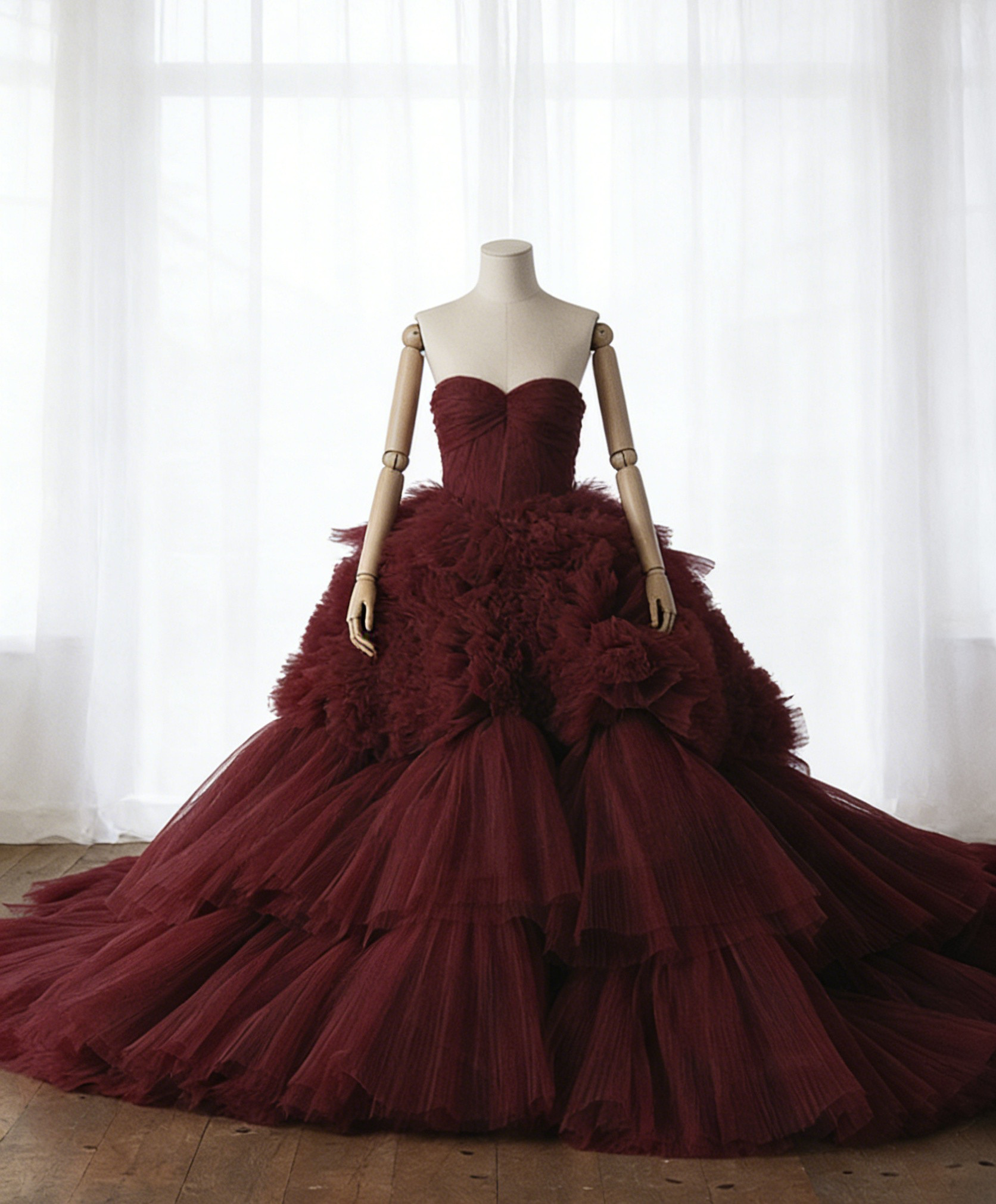 送料無料！カラードレス  ボルドー色  プリーツドレス ビスチェドレス ふわふわドレス アンティーク色 結婚式/披露宴