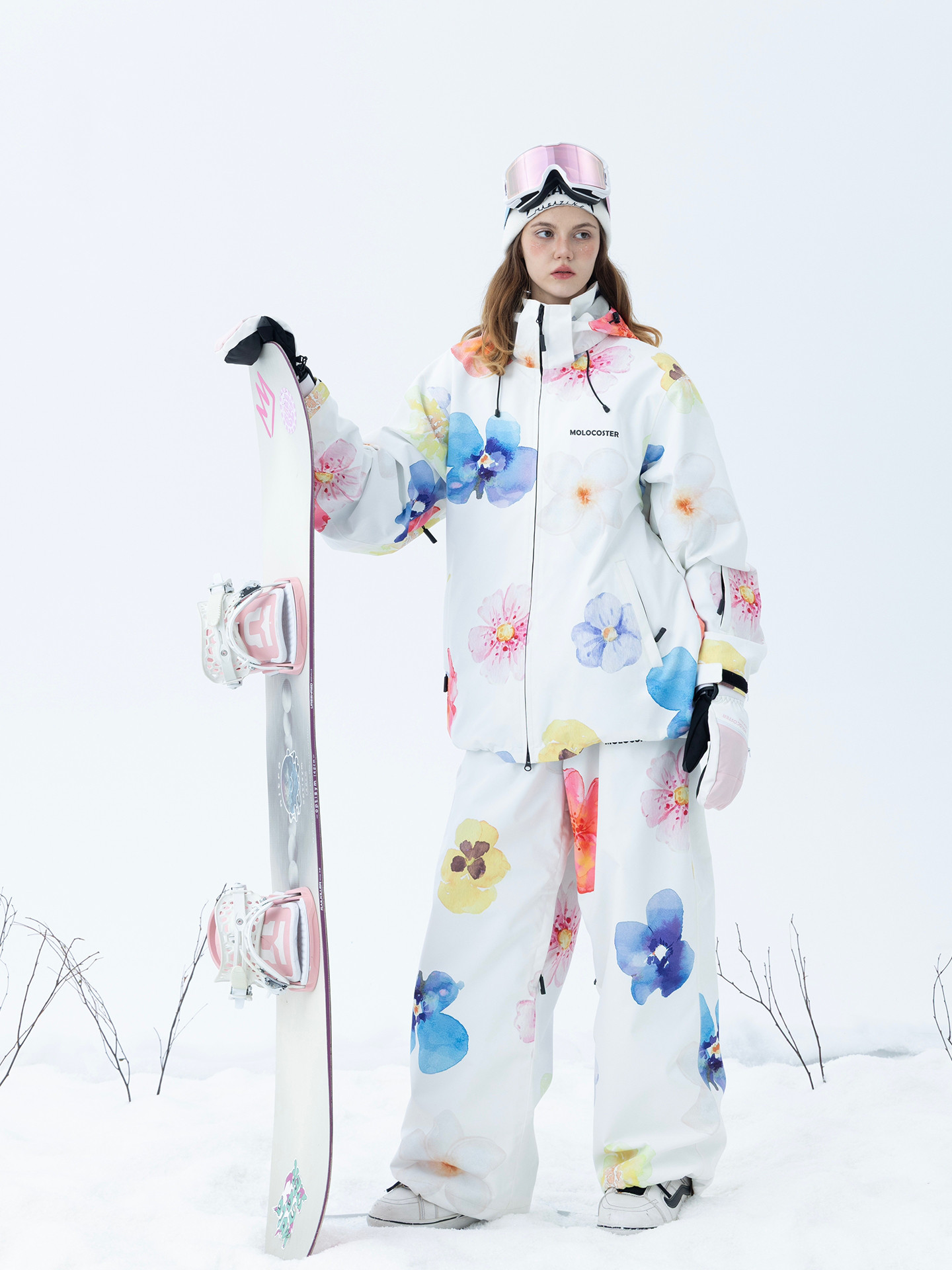 25-26秋冬限定 スノボウェア 上下セット 白 花 撥水 3L メンズ レディース ジャケット パンツ SN022