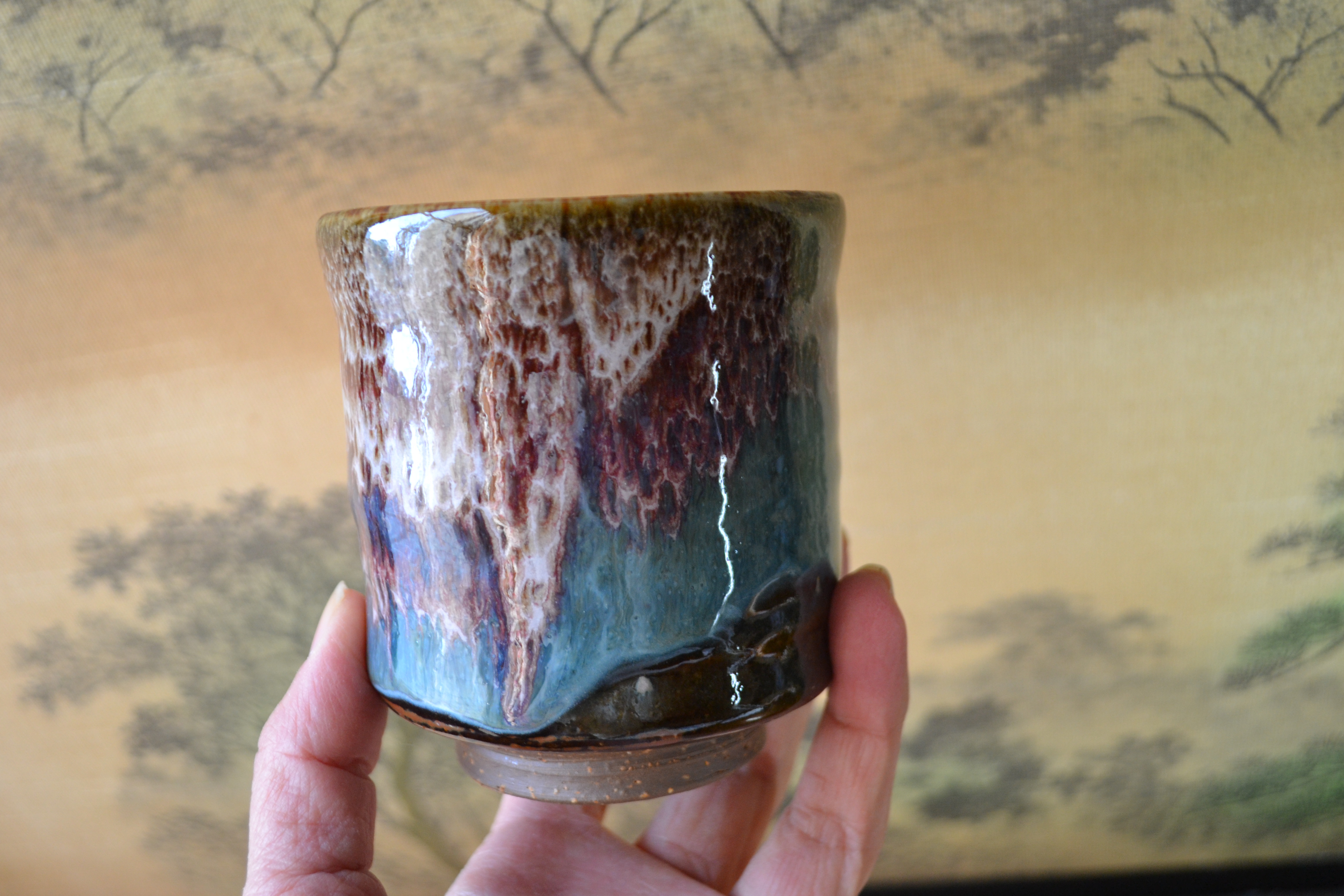 【新着！】◆湯呑　孔雀釉(ピンク)くれない雲　窯変　★萩焼き　ギフト　陶器