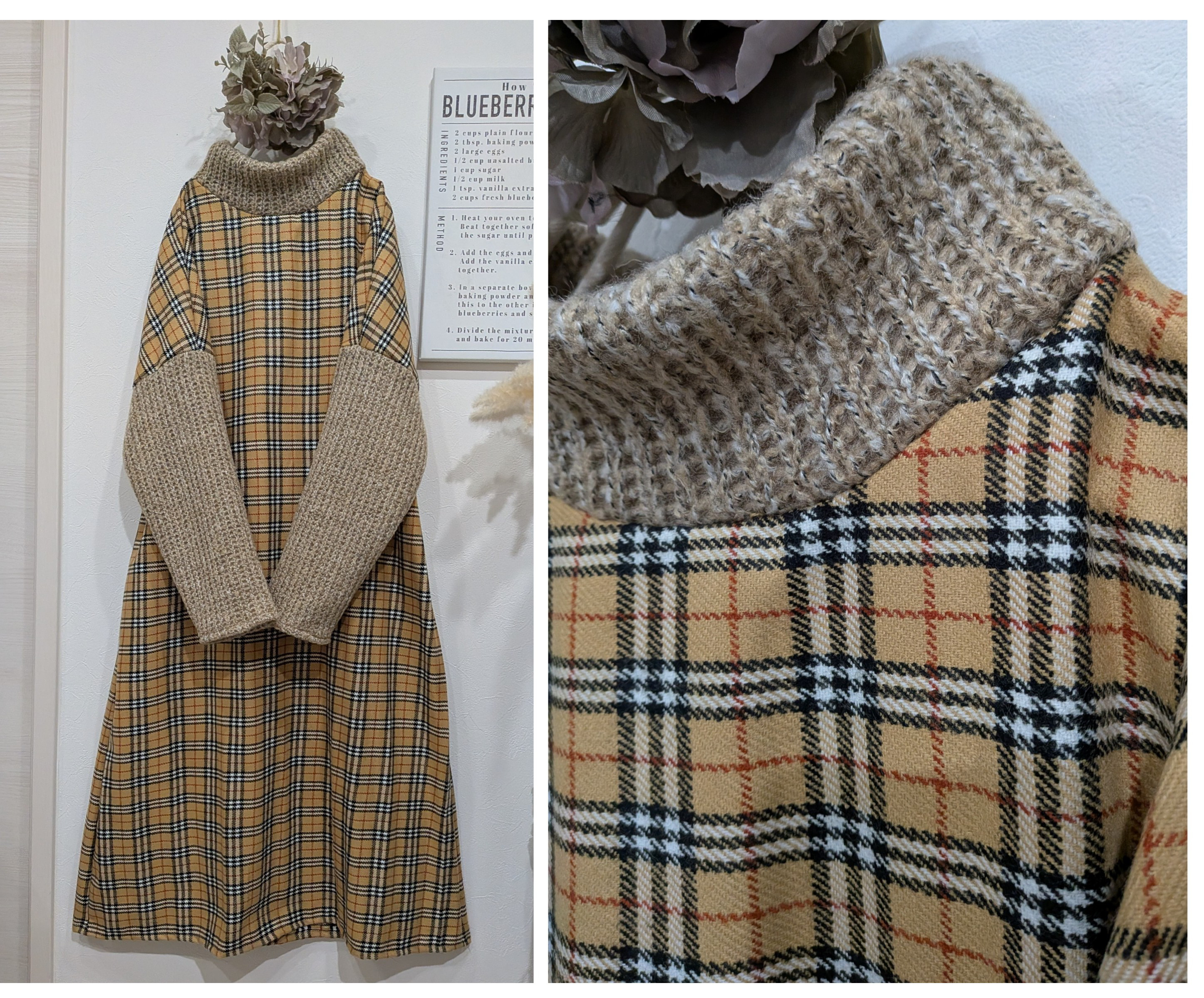 ♥ベージュチェック柄♥ハイネックワンピ♥冬　秋