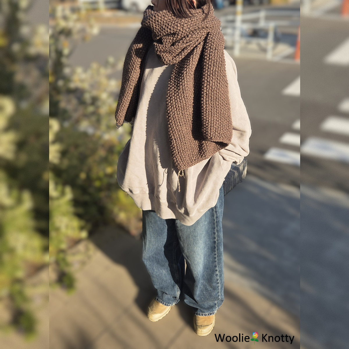 天然ウール100％｜スーパーボリューム鹿の子編みマフラー/ショール〈ブラウンミドル/約188cm〉