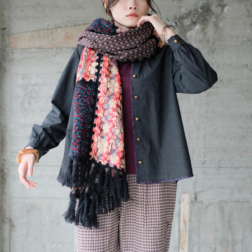 新作2026【新色】主役級マフラー！柄生地パッチワーク大判ストール
