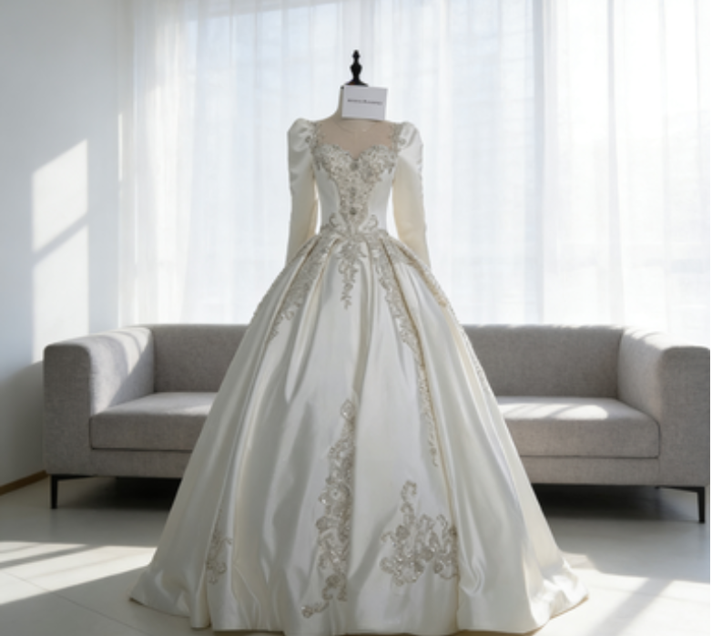 ホワイト 立体レースのロングスリーブ！豪華トレインが添う、优雅感あふれるウェディングドレス  結婚式