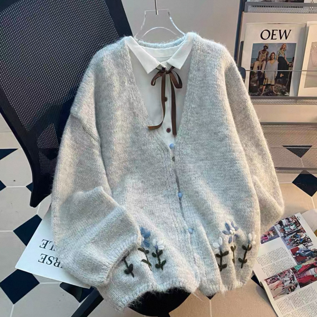 紫陽花（あじさい）大人が着たいお洒落なカーディガン、前開きニットセーター、ジャケット、手編み毛糸厚模様 秋冬限定 厚手