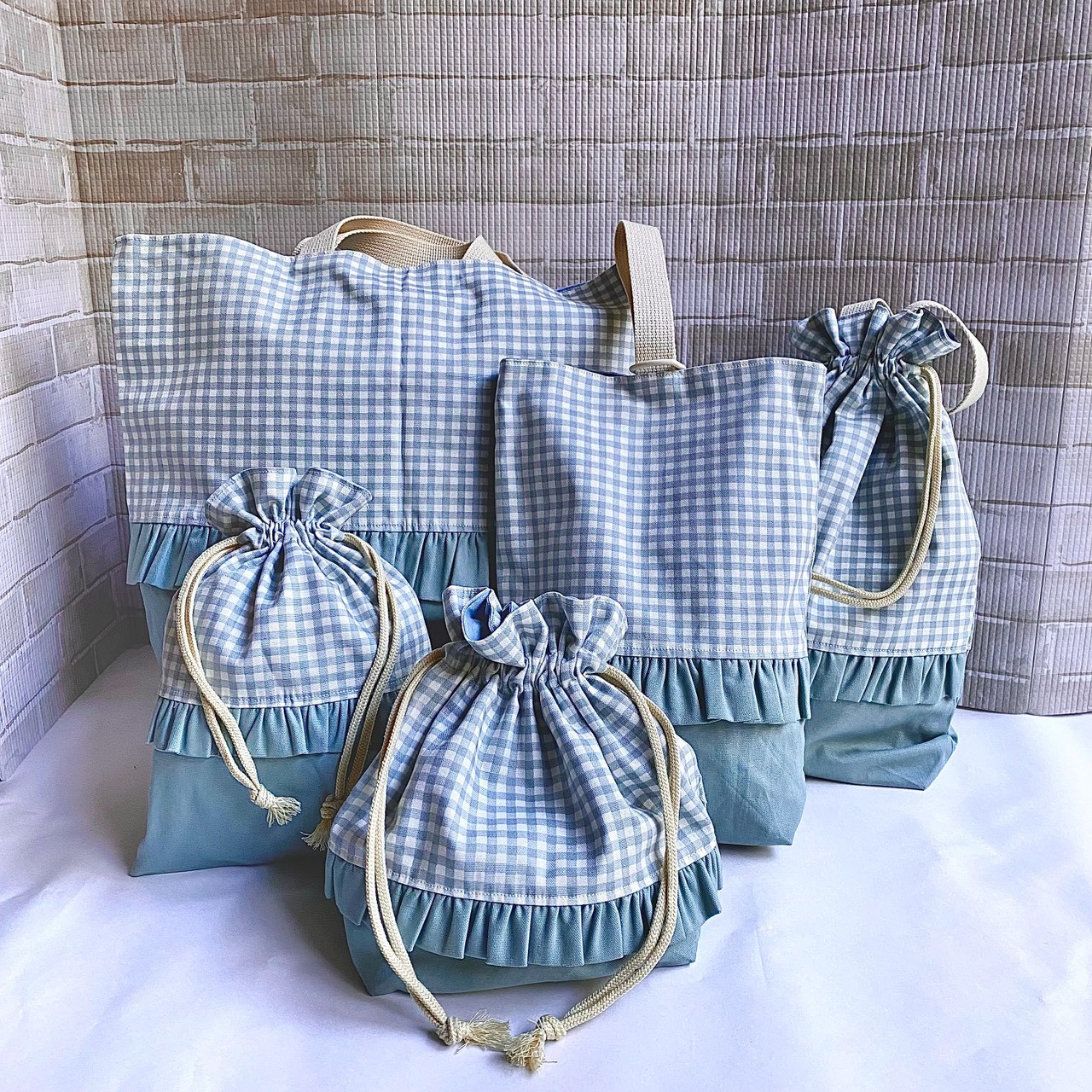 【送料無料】入園入学5点セット〔くすみブルー×ギンガムチェック〕レッスンバッグ　シューズケース　体操服袋　給食袋　弁当袋