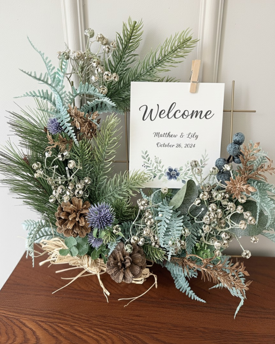 【ウェルカムリース】約33㎝/ウェルカムボード/造花/グリーン/ブラウン/《Welcome green》