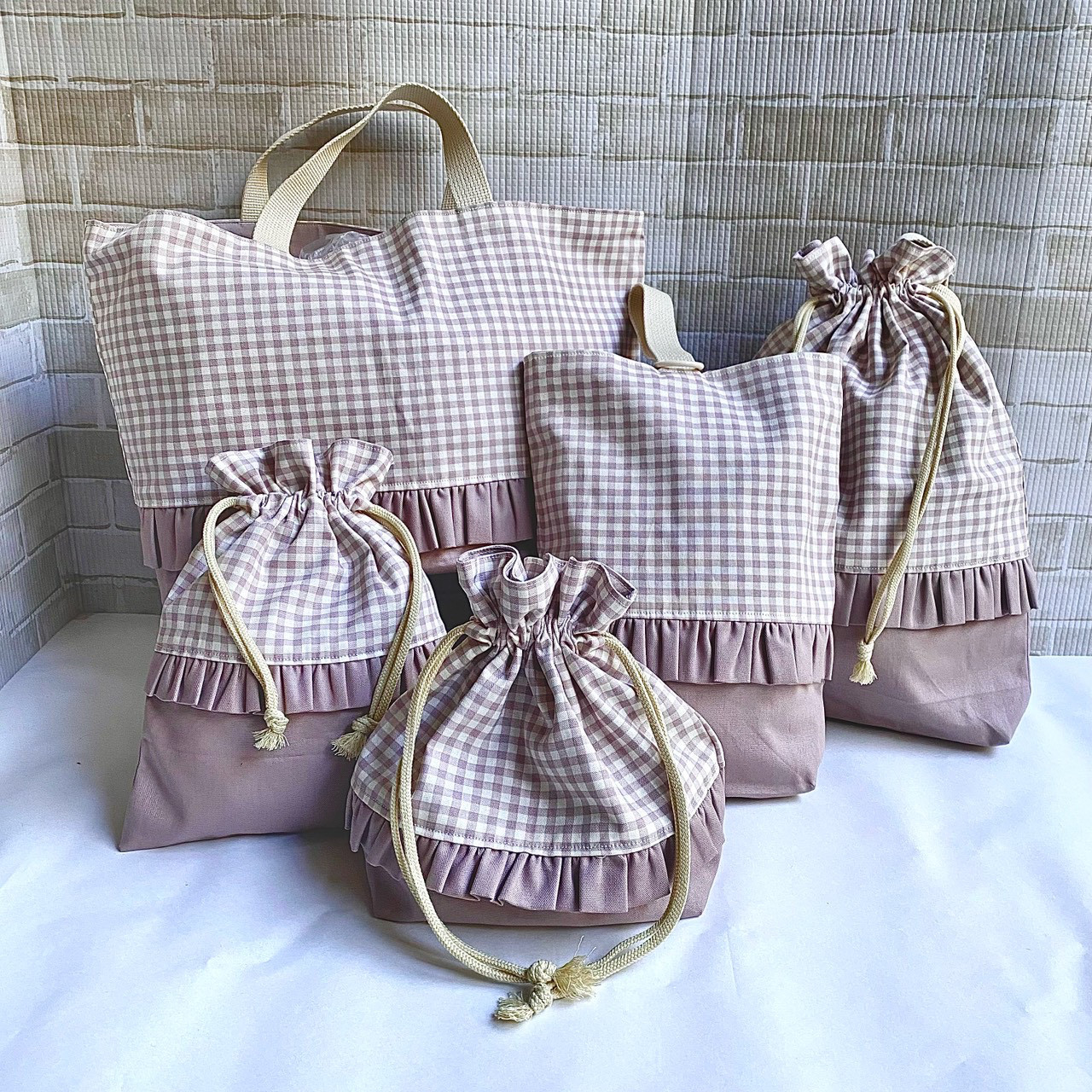 【送料無料】入園入学5点セット〔くすみパープル×ギンガムチェック〕レッスンバッグ　シューズケース　体操服袋　給食袋