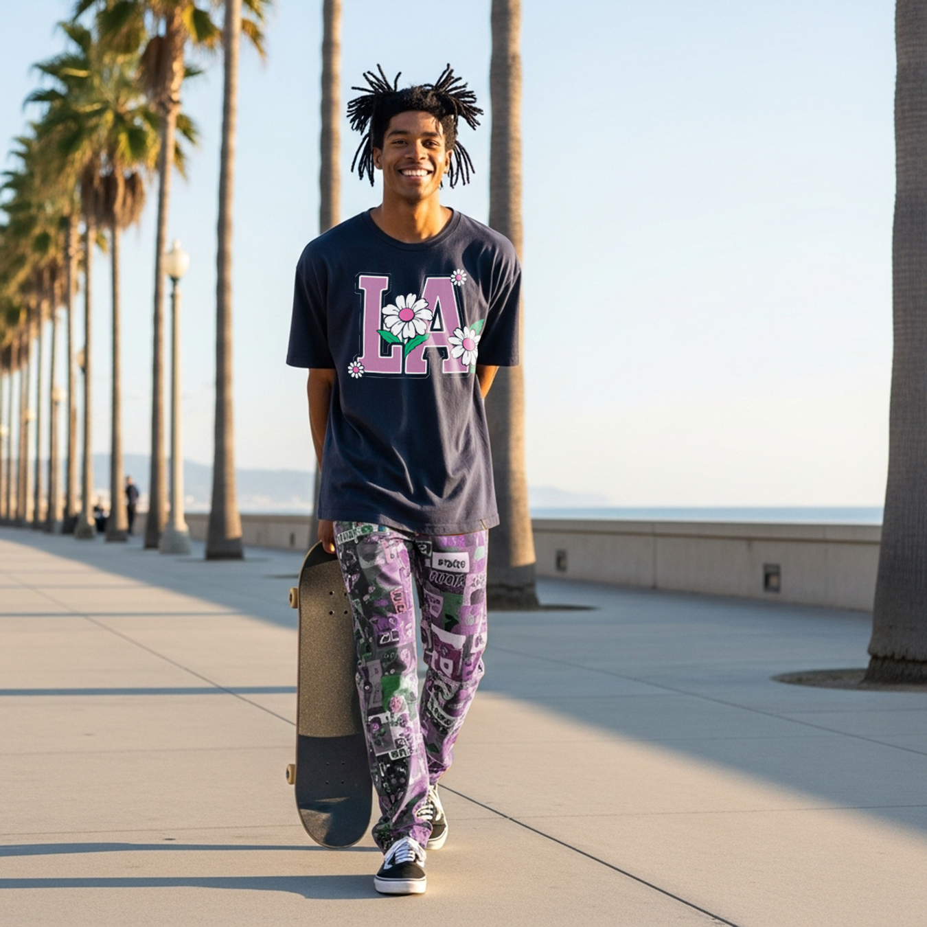 Bloom in LA　ピンク ロゴ　ブラックTシャツ　【 インクジェット 】