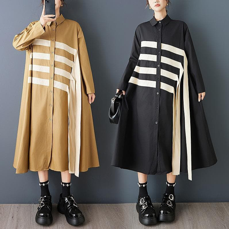 新品 韓国風 ルーズシャツワンピース カラーブロック 秋冬　アシメ