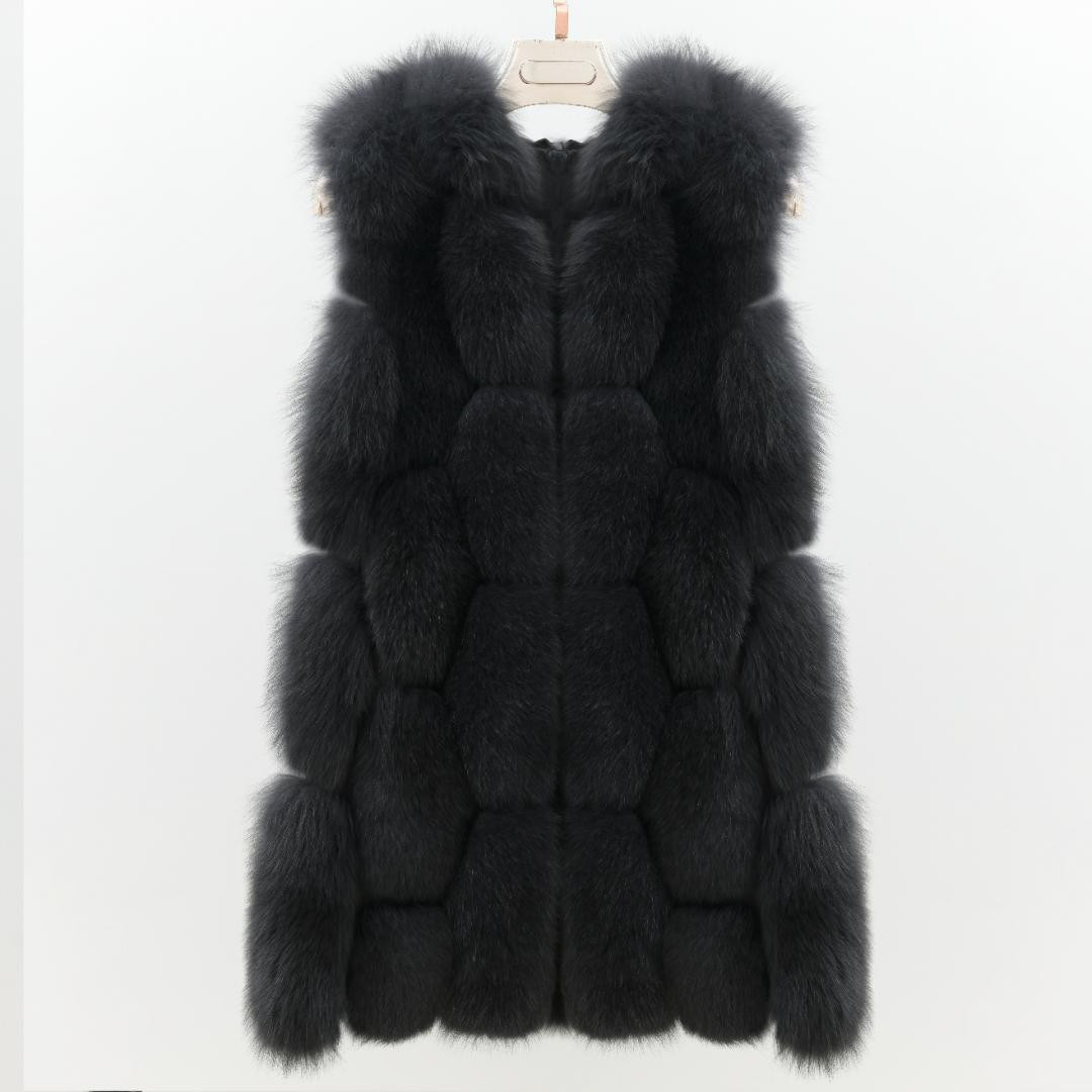新品◆限定★帽子付★最高級↑フォックスファー& 羊革ベスト黒 毛皮 リアルファー