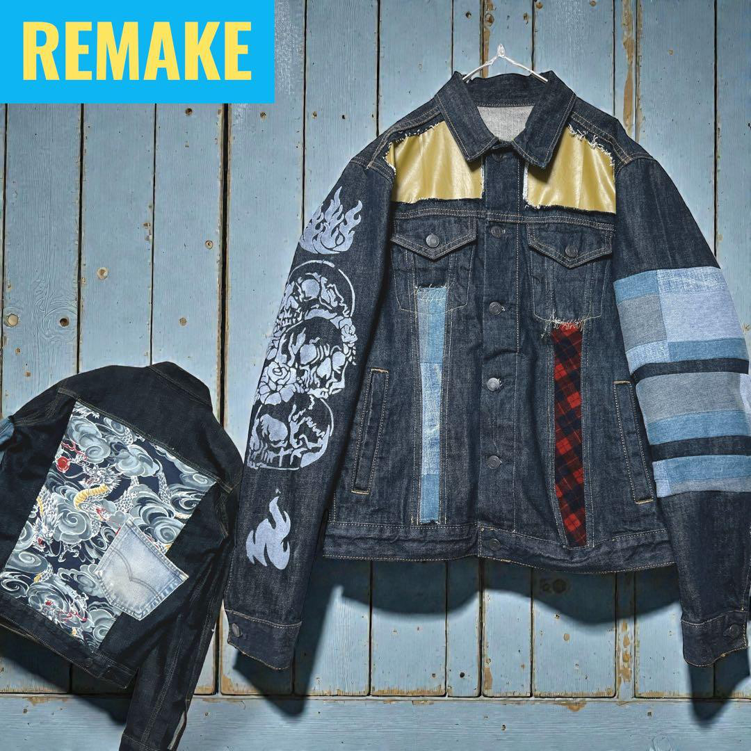 古着リメイク　メンズ　M相当　デニムジャケット　唯一無二 パッチワーク　スカル