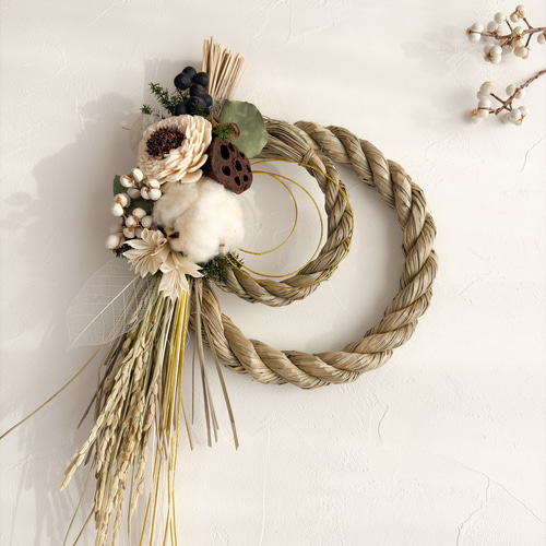 お正月2026】和風洋風どちらにでも合う｜白い実と稲穂の上質しめ飾り 1